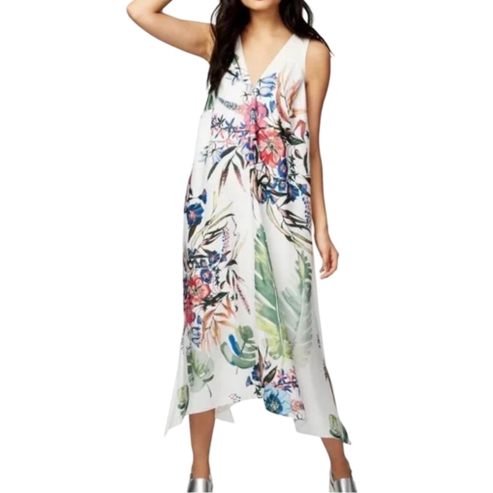 Rachel Roy Tropical Floral Handkerchief Hem Dress with Pockets Size Medium